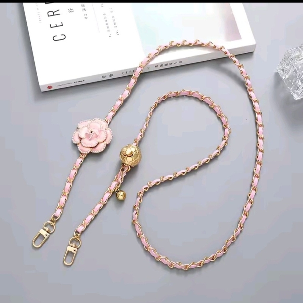 New🌼Pink🌸Camellia Cross Body Bag /Wallet Long Starp Chain 47"